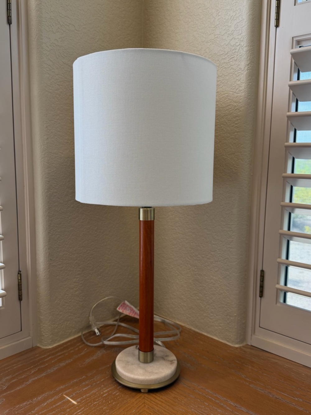 Simon Blake Modern Marble & Wood Table Lamp with White Drum Shade